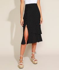 Saia-Feminina-Midi-Estampada-de-Poa-em-Camadas-com-Babado-e-Fenda-Preta-9962526-Preto_1