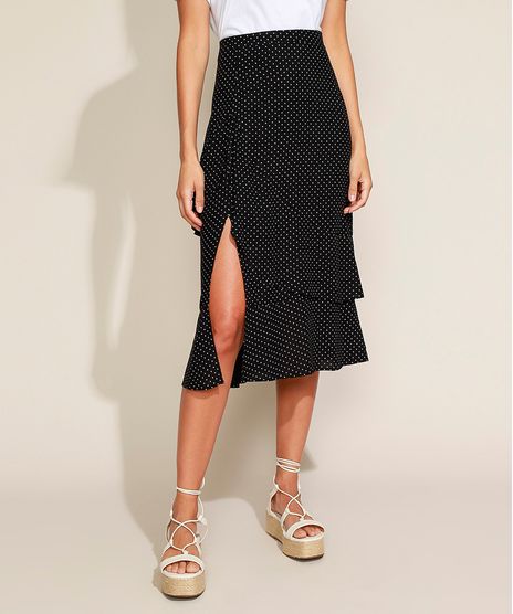 Saia-Feminina-Midi-Estampada-de-Poa-em-Camadas-com-Babado-e-Fenda-Preta-9962526-Preto_1
