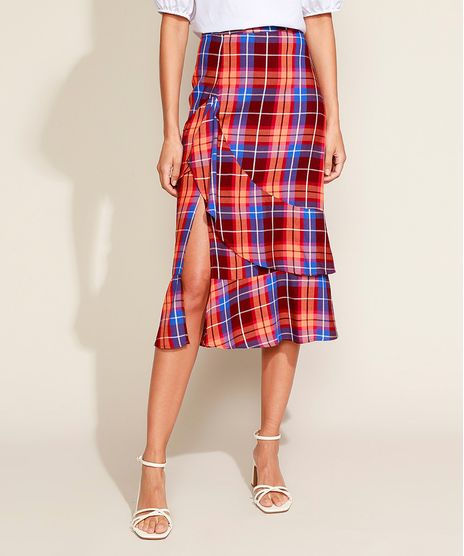 Saia-Feminina-Midi-Estampada-Xadrez-em-Camadas-com-Babado-e-Fenda-Vermelha-9962530-Vermelho_1
