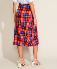 Saia-Feminina-Midi-Estampada-Xadrez-em-Camadas-com-Babado-e-Fenda-Vermelha-9962530-Vermelho_2