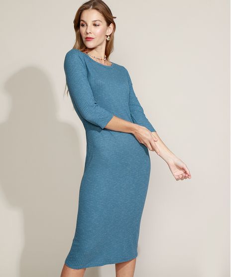 Vestido-Feminino-Midi-Canelado-Manga-3-4-Azul-9944201-Azul_1