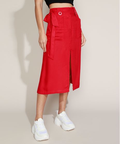 Saia-Feminina-Midi-com-Fenda-e-Faixa-para-Amarrar-Vermelha-9948882-Vermelho_1