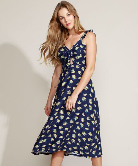 Vestido-Feminino-Midi-Estampado-de-Banana-com-Laco-e-Babado-na-Alca-Azul-Marinho-9960243-Azul_Marinho_1
