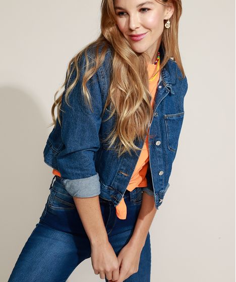 jaqueta jeans azul escuro feminina