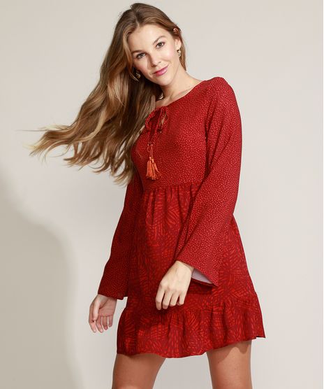Vestido-Feminino-Curto-Estampado-de-Folhagem-com-Babado-e-Tassel-Manga-Sino-Vermelho-9973776-Vermelho_1