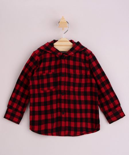 Camisa Infantil Estampada Xadrez Festa de São João com Bolso Manga Longa e Capuz Vermelha Camisa Infantil Estampada Xadrez Festa de São João com Bolso Manga Longa e Capuz Vermelha