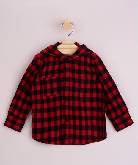 Camisa Infantil Estampada Xadrez Festa de São João com Bolso Manga Longa e Capuz Vermelha