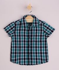 Camisa Infantil Estampada Xadrez Festa Junina com Bolso Manga Curta Azul Marinho