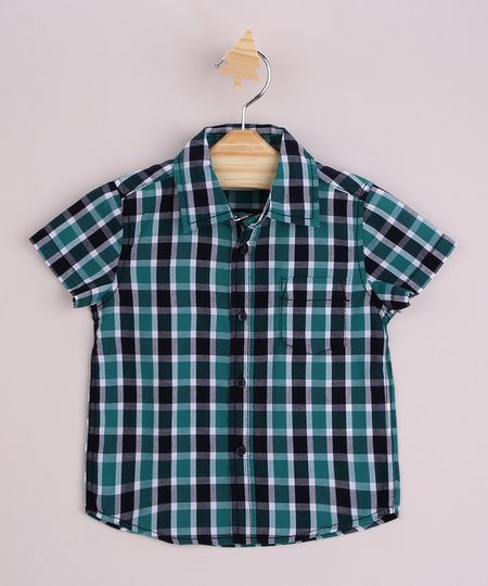 Camisa Infantil Estampada Xadrez Festa Junina com Bolso Manga Curta Azul Marinho