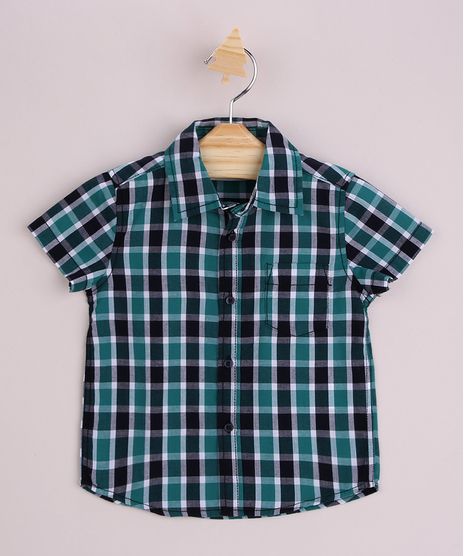 Camisa Infantil Estampada Xadrez Festa Junina com Bolso Manga Curta Azul Marinho