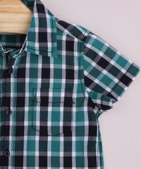 Camisa Infantil Estampada Xadrez Festa Junina com Bolso Manga Curta Azul Marinho