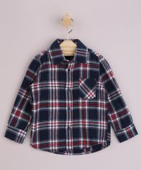Camisa Infantil Estampada Xadrez com Bolso Manga Longa Festa Junina Azul Marinho