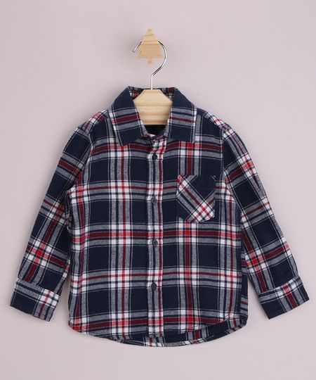 Camisa Infantil Estampada Xadrez com Bolso Manga Longa Festa Junina Azul Marinho Camisa Infantil Estampada Xadrez com Bolso Manga Longa Festa Junina Azul Marinho