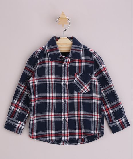 Camisa Infantil Estampada Xadrez com Bolso Manga Longa Festa Junina Azul Marinho