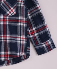 Camisa Infantil Estampada Xadrez com Bolso Manga Longa Festa Junina Azul Marinho detalhe manga longa