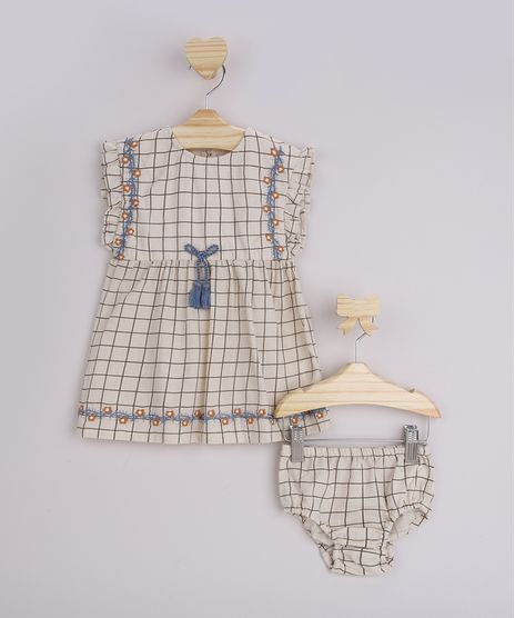 Vestido-Infantil-Estampado-Xadrez-com-Bordado-e-laco-Sem-Manga---Calcinha-Bege-9844899-Bege_1