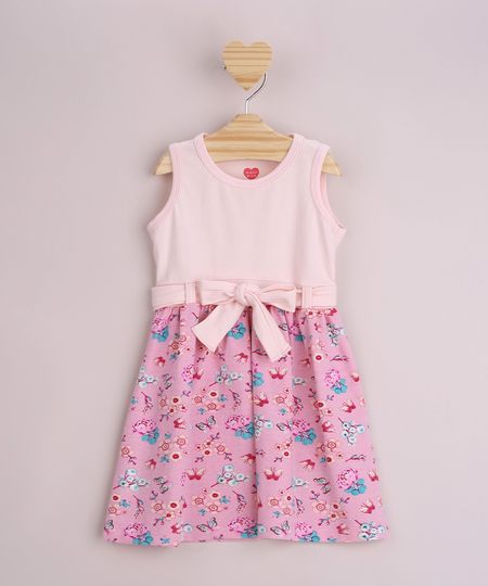 Vestido-Infantil-Estampado-Floral-com-Faixa-para-Laco-Sem-Manga-Rosa-9953020-Rosa_1