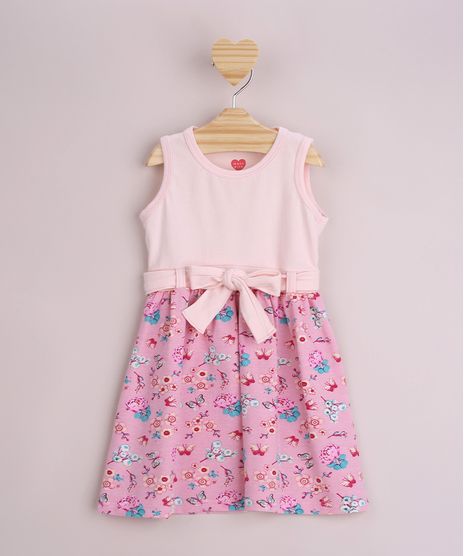 Vestido-Infantil-Estampado-Floral-com-Faixa-para-Laco-Sem-Manga-Rosa-9953020-Rosa_1