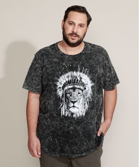 Camiseta-Masculina-Plus-Size-Marmorizada-Leao-com-Cocar-Manga-Curta-Gola-Careca-Preta-9960551-Preto_1