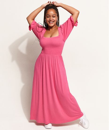 Vestido-Feminino-Midi-com-Lastex-Manga-Bufante-Pink-9970199-Pink_1