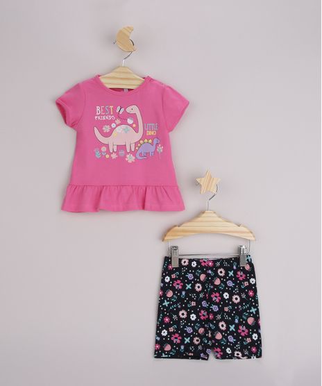Conjunto-Infantil-de-Blusa-Dinos-com-Babado-Manga-Curta-Rosa---Bermuda-Ciclista-Estampada-Floral-Preto-9958888-Preto_1