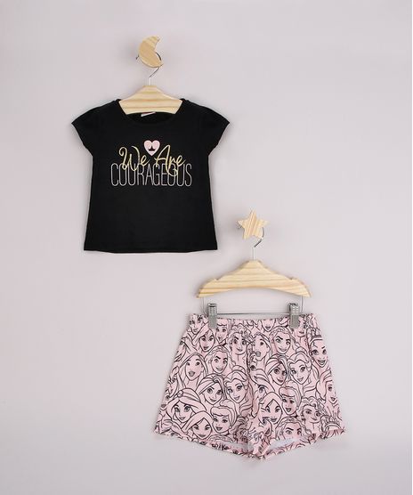 Conjunto-Infantil-Princesas-de-Blusa--We-Are-Courageous--Manga-Curta-Preta---Short-Estampado-Rosa-9962508-Rosa_1
