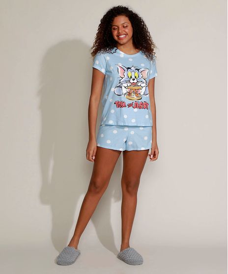 Pijama-Feminino-Tom-e-Jerry-Estampado-de-Poa-Manga-Curta-Azul-Claro-9961122-Azul_Claro_1