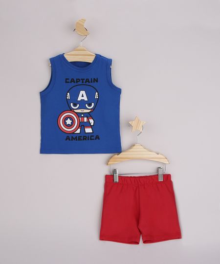 Conjunto Infantil Regata Capitão América Azul + Bermuda Vermelho - 1 Menor preço em Conjunto Infantil Regata Capitão América Azul + Bermuda Vermelho - 1