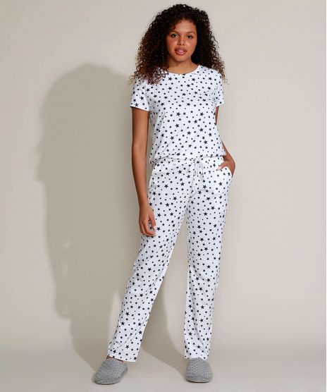 Pijama-Feminino-Estampado-de-Estrelas-Manga-Curta-Branco-9961125-Branco_1