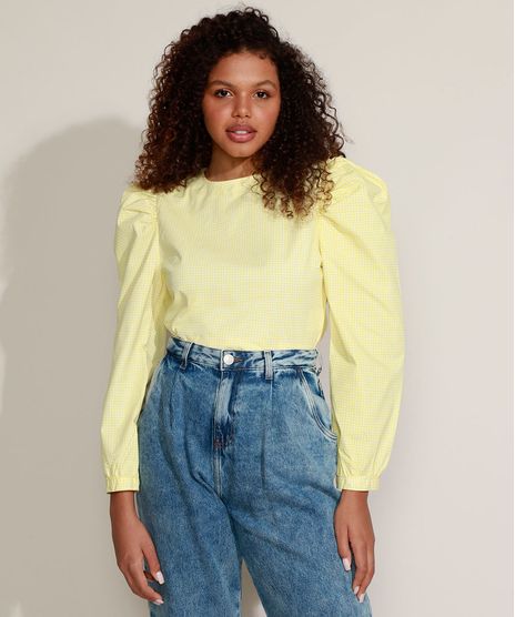 Blusa-Feminina-Mindset-Estampada-Xadrez-Vichy-com-Abertura-e-Amarracao-Manga-Bufante-Decote-Redondo-Amarela-9970606-Amarelo_1