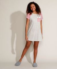 Camisola-Feminina-Raglan-Ursinho-Pooh-Estampada-de-Poa-com-Bolso-Manga-Curta-Cinza-Mescla-9960370-Cinza_Mescla_1