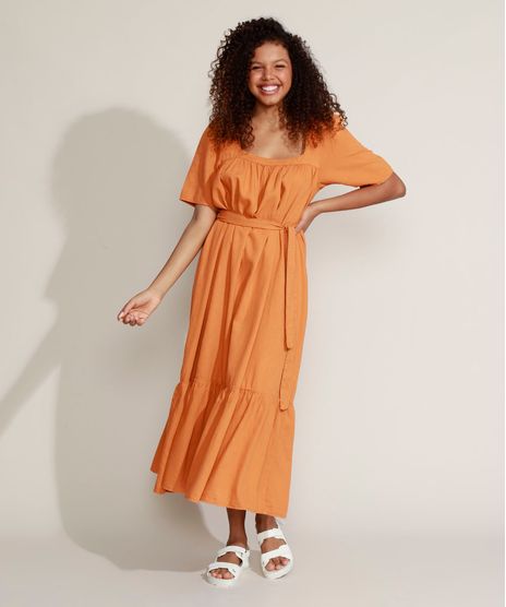 Vestido-Feminino-Mindset-Midi-com-Recortes-e-Faixa-para-Amarrar-Manga-Curta-Laranja-9958200-Laranja_1