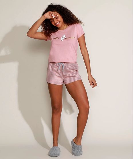 Pijama-Feminino-Ursinho-Pooh-Metalizado-com-Listras-Manga-Curta-Rose-9960367-Rose_1