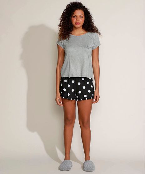 Pijama-Feminino-Gatinho-com-Estampa-de-Poa-e-Babado-Manga-Curta-Cinza-Mescla-9960688-Cinza_Mescla_1