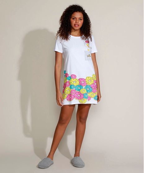 Camisola-Feminina-Homer-Simpson-e-Donuts-com-Bolso-Manga-Curta-Branca-9960682-Branco_1