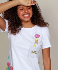 Camisola-Feminina-Homer-Simpson-e-Donuts-com-Bolso-Manga-Curta-Branca-9960682-Branco_2