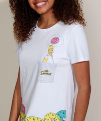 Camisola-Feminina-Homer-Simpson-e-Donuts-com-Bolso-Manga-Curta-Branca-9960682-Branco_7