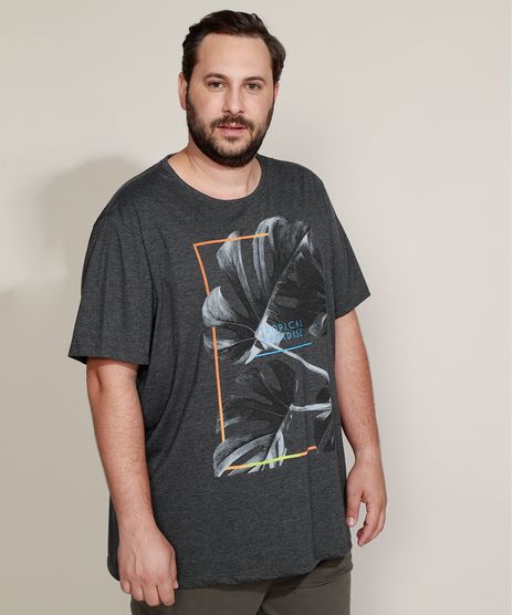 Camiseta-Masculina-Plus-Size-Folhagem--Tropical-Paradise--Manga-Curta-Gola-Careca-Cinza-Mescla-Escuro-9952250-Cinza_Mescla_Escuro_1