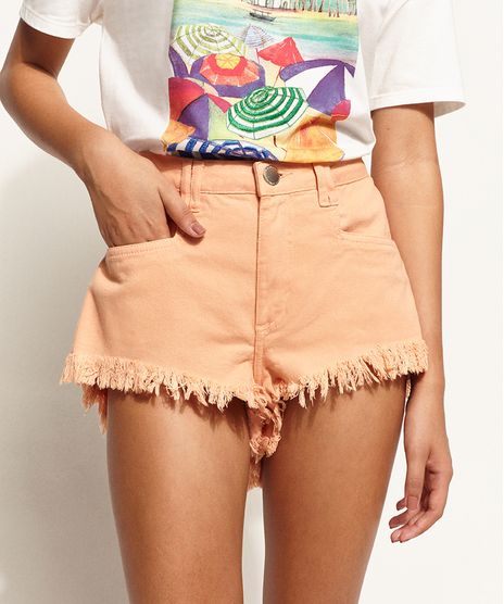 Short-de-Sarja-Feminino-Cintura-Alta-Lateral-Curta-com-Barra-Desfiada-Laranja-Claro-9967419-Laranja_Claro_1