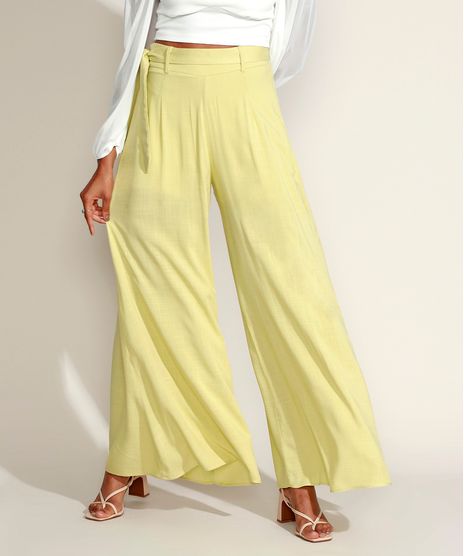 Calca-Feminina-Pantalona-Cintura-Super-Alta-com-Faixa-para-Amarrar-Amarela-Claro-9970262-Amarelo_Claro_1