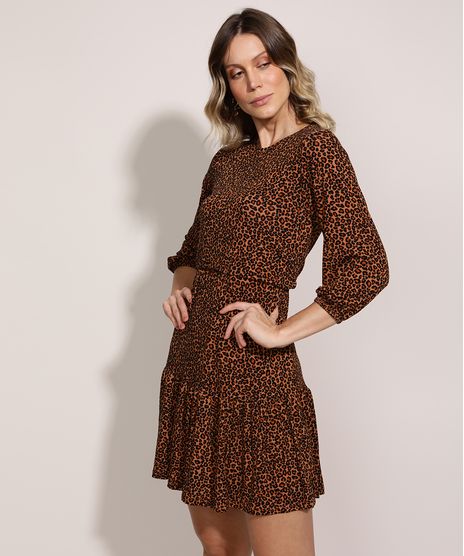 Vestido-Feminino-Curto-Estampado-Animal-Print-de-Onca-com-Babados-Manga-Longa-Kaki-9961289-Kaki_1