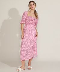 Vestido-Feminino-Longo-Estampado-Xadrez-Vichy-com-Lastex-Manga-Bufante-Vermelho-9960151-Vermelho_1