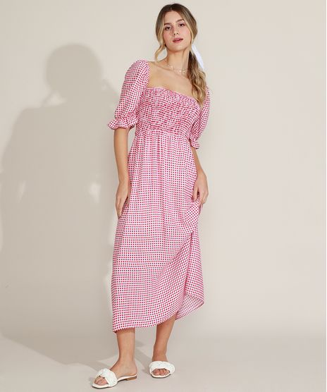 Vestido-Feminino-Longo-Estampado-Xadrez-Vichy-com-Lastex-Manga-Bufante-Vermelho-9960151-Vermelho_1
