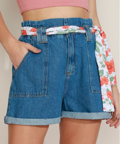 short com laço na cintura jeans