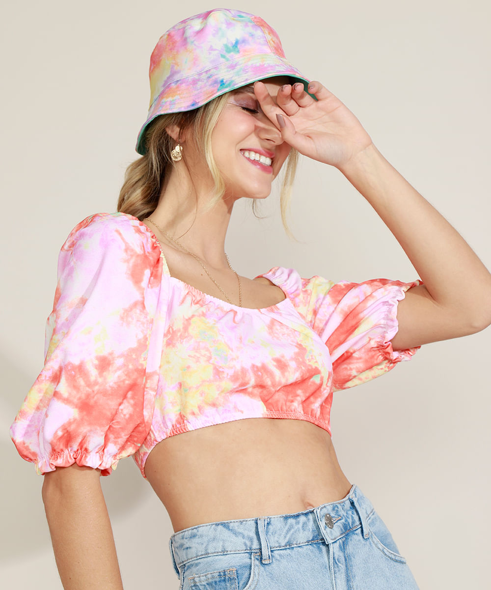 Blusa Feminina Cropped Estampada Tie Dye Manga Bufante Decote Redondo Multicor