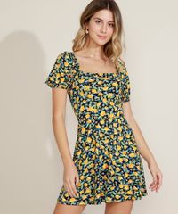Vestido-Feminino-Curto-Estampado-Folhas-e-Frutas--Manga-Curta-Bufante-Decote-V-com-Babado-Preto-9972203-Preto_1