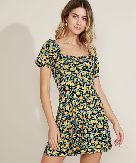 Vestido-Feminino-Curto-Estampado-Folhas-e-Frutas--Manga-Curta-Bufante-Decote-V-com-Babado-Preto-9972203-Preto_1