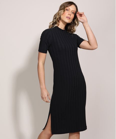 Vestido-Feminino-Midi-Canelado-Comfy-com-Fenda-Manga-Curta-Gola-Alta-Preto-9953194-Preto_1