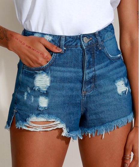 Short-Jeans-Feminino-Cintura-Alta-Destroyed-com-Certificacao-C2C™-Azul-Escuro-9956799-Azul_Escuro_1