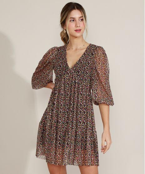Vestido-Feminino-Curto-em-Tule-Estampado-Floral-Manga-3-4-Decote-em-V-Preto-9973158-Preto_1